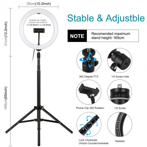 Puluz 10,2 pouces 26cm Light + 1,65 m de trépied Montage de trépied USB USB 3 modes Dimmable Couleur Double Température Bague Vlogging Light Light Live Broadcast Kits de diffusion avec téléphone Pince et Selfie SP065B828-015
