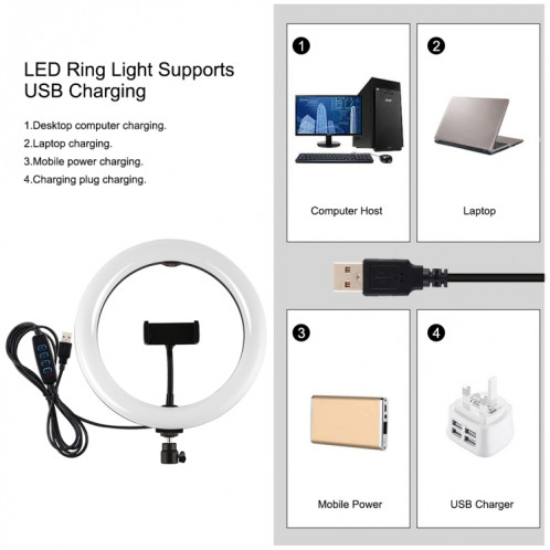 Puluz 10,2 pouces 26cm Light + 1,65 m de trépied Montage de trépied USB USB 3 modes Dimmable Couleur Double Température Bague Vlogging Light Light Live Broadcast Kits de diffusion avec téléphone Pince et Selfie SP065B828-015