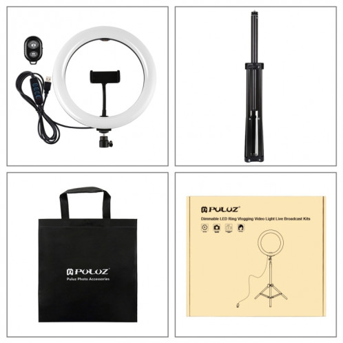 Puluz 10,2 pouces 26cm Light + 1,65 m de trépied Montage de trépied USB USB 3 modes Dimmable Couleur Double Température Bague Vlogging Light Light Live Broadcast Kits de diffusion avec téléphone Pince et Selfie SP065B828-015