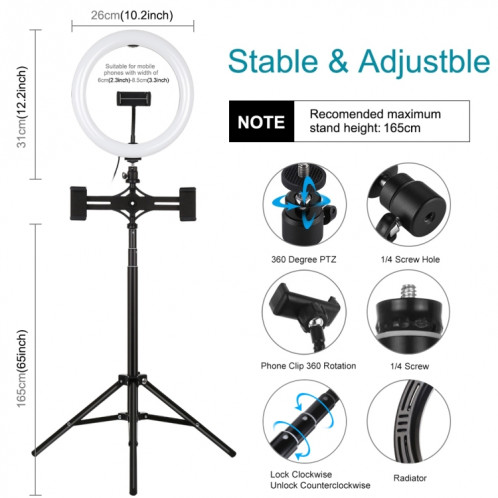 Support de trépied de Puluz 1.65m + Supports à double téléphone + 10,2 pouces 26cm Surface incurvée USB 3 modes Dimmable Température de couleur Double Color Température Bague Selfie Vlogging Vidéo Live Broadcast SP066B802-015