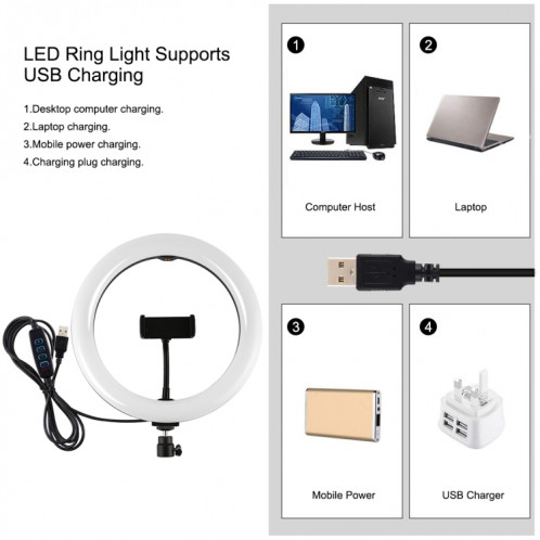 PULUZ 10,2 pouces 26cm Anneau lumineux + 1,1m Support de trépied USB 3 modes Dimmable Double température de couleur LED Lumière diffuse incurvée Vlogging Selfie Photography Video Lights avec pince de téléphone et SP069B1644-016