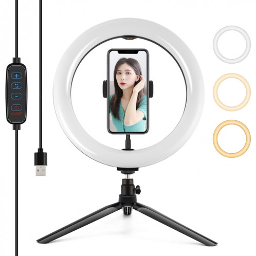 Puluz 10,2 pouces 26cm Selfie Beauty Light Light + Trépied de bureau Mont USB 3 modes Dimmable Bague LED Vlogging Selogging Photography Vidéo lumières avec une chaussure à froid Tête de triomoteur et pince de SP071B1612-014