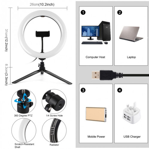 PULUZ 10.2 pouces 26cm Lumière + Support de trépied de bureau USB 3 modes Dimmable Double température de couleur LED Anneau de lumière diffuse incurvée Vlogging Selfie Photographie Lumières vidéo avec pince de SP072B640-016