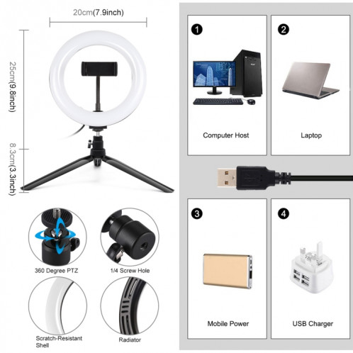 Puluz 7.9 pouces 20cm Light + Trépied de bureau Mont USB 3 Modes Dimmable Double couleur Température Température Curved Bague Vlogging Selfie Beauté Photographie Vidéo lumières avec pince de téléphone (noir) SP073B833-016