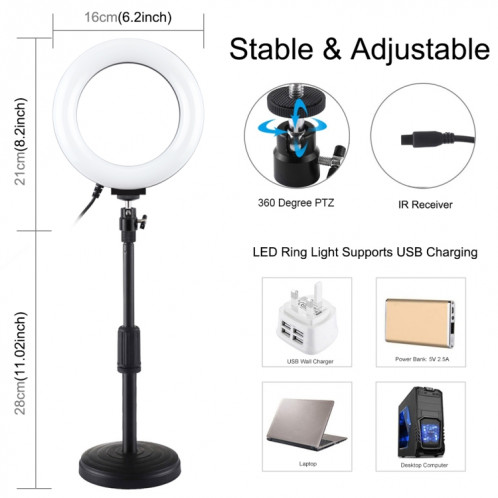 Puluz 6,2 pouces 16cm RGBW Light + Base ronde Porte-basket USB Dimmable Bague LED Vlogging Photographie Photographie Vidéo lumineuses avec têtes de boule de trépied à chaussure à froid (noir) SP074B524-017