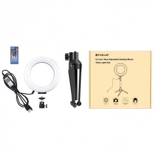 PULUZ 6.2 pouces 16cm RGBW Light + Support de trépied de bureau + Anneau LED à intensité variable USB Vlogging Photographie Lumières vidéo avec trépied à chaussure froide Rotule et télécommande (Noir) SP075B699-017