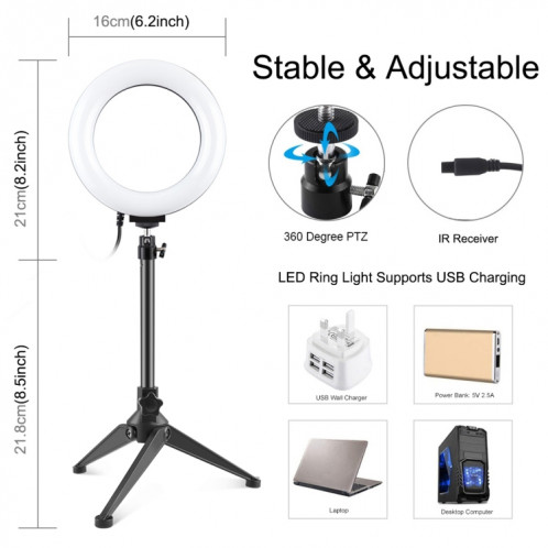 PULUZ 6.2 pouces 16cm RGBW Light + Support de trépied de bureau + Anneau LED à intensité variable USB Vlogging Photographie Lumières vidéo avec trépied à chaussure froide Rotule et télécommande (Noir) SP075B699-017