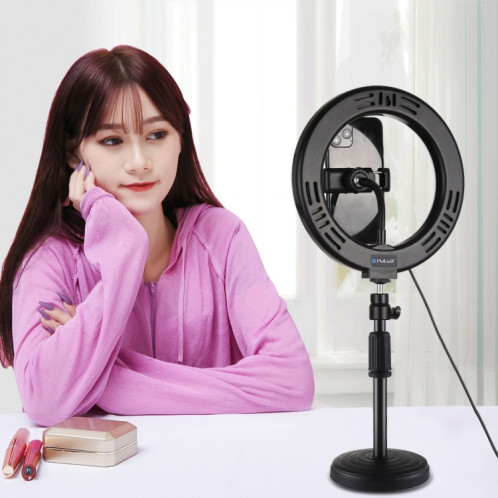Puluz 7,9 pouces 20cm Light + Base de bureau ronde USB 3 Modes Dimmable Double couleur Température LED Courbe Light Bague Vlogging Selfie Photographie Vidéo lumières avec pince de téléphone (noir) SP078B1634-014