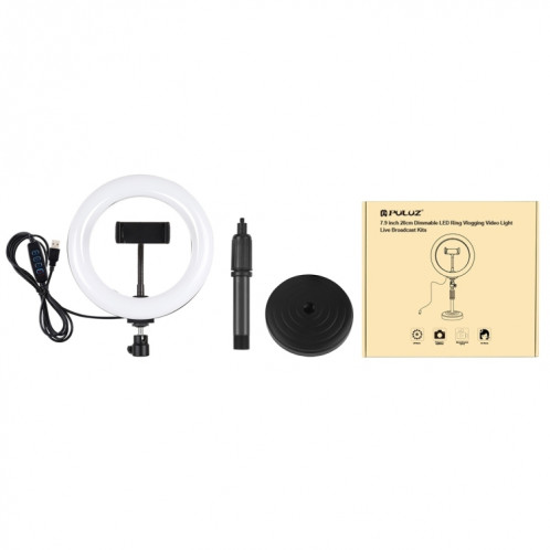 Puluz 7,9 pouces 20cm Light + Base de bureau ronde USB 3 Modes Dimmable Double couleur Température LED Courbe Light Bague Vlogging Selfie Photographie Vidéo lumières avec pince de téléphone (noir) SP078B1634-014