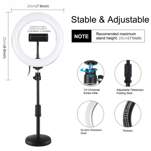 Puluz 7,9 pouces 20cm Light + Base de bureau ronde USB 3 Modes Dimmable Double couleur Température LED Courbe Light Bague Vlogging Selfie Photographie Vidéo lumières avec pince de téléphone (noir) SP078B1634-014