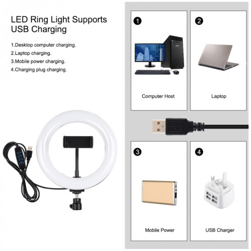 Puluz 7,9 pouces 20cm Light + Base de bureau ronde USB 3 Modes Dimmable Double couleur Température LED Courbe Light Bague Vlogging Selfie Photographie Vidéo lumières avec pince de téléphone (noir) SP078B1634-014