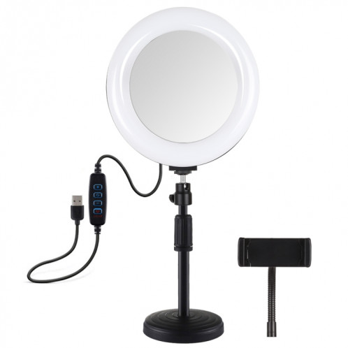 PULUZ 7.9 pouces 20cm Miroir Lumière + Base Ronde Support De Bureau 3 Modes Dimmable Double Température De Couleur LED Anneau Lumineux Courbé Vlogging Selfie Photographie Vidéo Lumières avec Pince De Téléphone SP079B925-015
