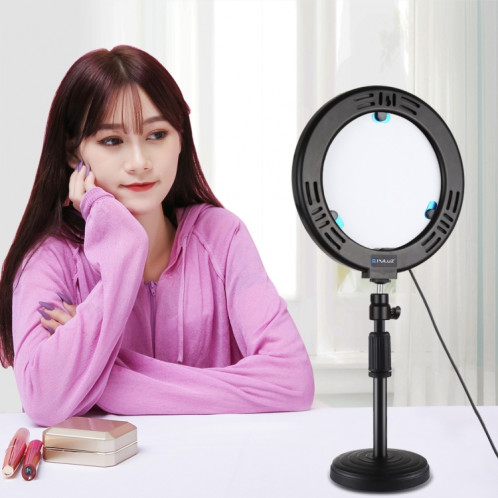 PULUZ 7.9 pouces 20cm Miroir Lumière + Base Ronde Support De Bureau 3 Modes Dimmable Double Température De Couleur LED Anneau Lumineux Courbé Vlogging Selfie Photographie Vidéo Lumières avec Pince De Téléphone SP079B925-015