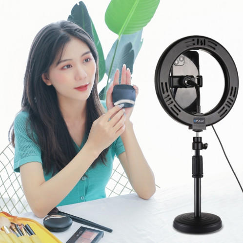 PULUZ 7.9 pouces 20cm Miroir Lumière + Base Ronde Support De Bureau 3 Modes Dimmable Double Température De Couleur LED Anneau Lumineux Courbé Vlogging Selfie Photographie Vidéo Lumières avec Pince De Téléphone SP079B925-015
