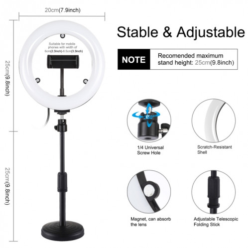 PULUZ 7.9 pouces 20cm Miroir Lumière + Base Ronde Support De Bureau 3 Modes Dimmable Double Température De Couleur LED Anneau Lumineux Courbé Vlogging Selfie Photographie Vidéo Lumières avec Pince De Téléphone SP079B925-015