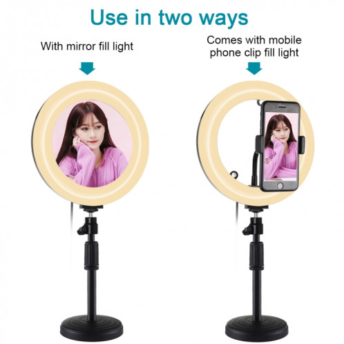 PULUZ 7.9 pouces 20cm Miroir Lumière + Base Ronde Support De Bureau 3 Modes Dimmable Double Température De Couleur LED Anneau Lumineux Courbé Vlogging Selfie Photographie Vidéo Lumières avec Pince De Téléphone SP079B925-015