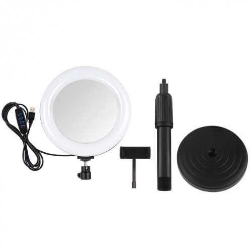 PULUZ 7.9 pouces 20cm Miroir Lumière + Base Ronde Support De Bureau 3 Modes Dimmable Double Température De Couleur LED Anneau Lumineux Courbé Vlogging Selfie Photographie Vidéo Lumières avec Pince De Téléphone SP079B925-015