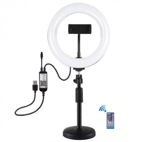 PULUZ 7.9 pouces 20cm RGBW Light + Base ronde Support de bureau Dimmable LED Double température de couleur LED Anneau lumineux incurvé Vlogging Selfie Photography Video Lights avec pince de téléphone (Noir) SP080B739-018