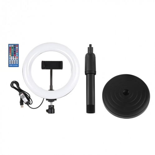 PULUZ 7.9 pouces 20cm RGBW Light + Base ronde Support de bureau Dimmable LED Double température de couleur LED Anneau lumineux incurvé Vlogging Selfie Photography Video Lights avec pince de téléphone (Noir) SP080B739-018