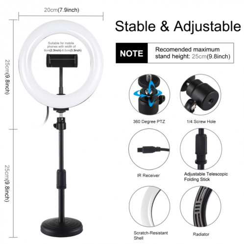 PULUZ 7.9 pouces 20cm RGBW Light + Base ronde Support de bureau Dimmable LED Double température de couleur LED Anneau lumineux incurvé Vlogging Selfie Photography Video Lights avec pince de téléphone (Noir) SP080B739-018