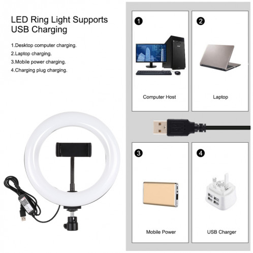 PULUZ 7.9 pouces 20cm RGBW Light + Base ronde Support de bureau Dimmable LED Double température de couleur LED Anneau lumineux incurvé Vlogging Selfie Photography Video Lights avec pince de téléphone (Noir) SP080B739-018