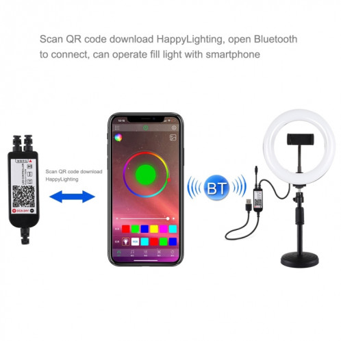 PULUZ 7.9 pouces 20cm RGBW Light + Base ronde Support de bureau Dimmable LED Double température de couleur LED Anneau lumineux incurvé Vlogging Selfie Photography Video Lights avec pince de téléphone (Noir) SP080B739-018