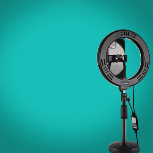 PULUZ 7.9 pouces 20cm RGBW Light + Base ronde Support de bureau Dimmable LED Double température de couleur LED Anneau lumineux incurvé Vlogging Selfie Photography Video Lights avec pince de téléphone (Noir) SP080B739-018