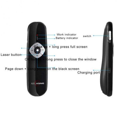 ASiNG A800 USB Charge 2.4GHz Wireless Presenter PowerPoint Clicker Représentation Pointeur de contrôle, Distance de contrôle: 100m (Blanc) SA082W498-011