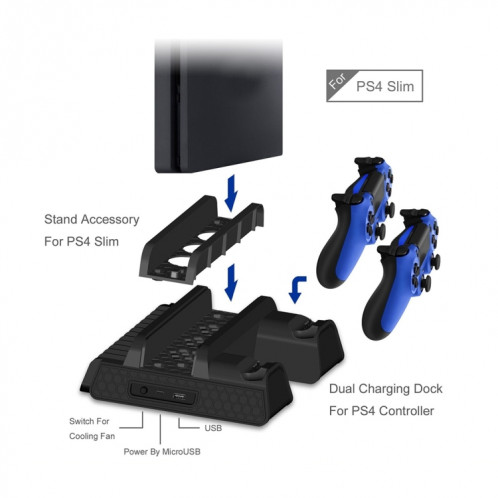 DOBE TP4-882 3 en 1 Console de jeu Ventilateur de refroidissement + Fentes de stockage de jeu + Contrôleur de jeu Dock de charge pour Sony PS4 / PS4 Pro / PS4 Slim (Noir) SD016B1038-07