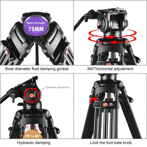 Trépied en alliage d'aluminium pour caméscope vidéo professionnel PULUZ avec tête de glissement fluide pour appareil photo reflex numérique / reflex, hauteur réglable: 80-160 cm (noir) SP047B734-011