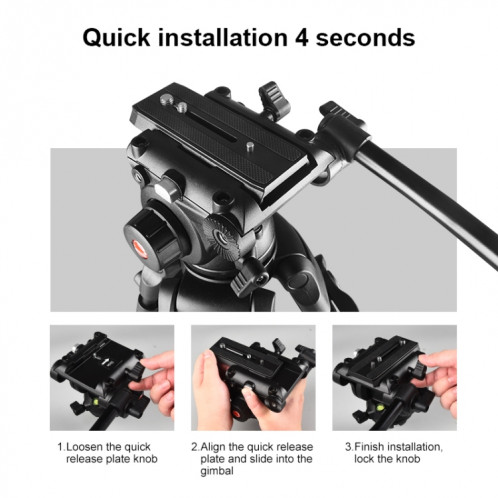 Trépied en alliage d'aluminium pour caméscope vidéo professionnel PULUZ avec tête de glissement fluide pour appareil photo reflex numérique / reflex, hauteur réglable: 80-160 cm (noir) SP047B734-011