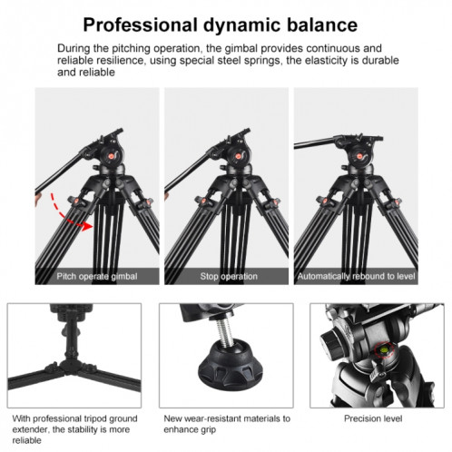 Trépied en alliage d'aluminium pour caméscope vidéo professionnel PULUZ avec tête de glissement fluide pour appareil photo reflex numérique / reflex, hauteur réglable: 80-160 cm (noir) SP047B734-011