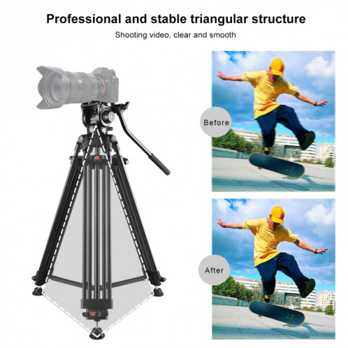 Trépied en alliage d'aluminium pour caméscope vidéo professionnel PULUZ avec tête de glissement fluide pour appareil photo reflex numérique / reflex, hauteur réglable: 80-160 cm (noir) SP047B734-011