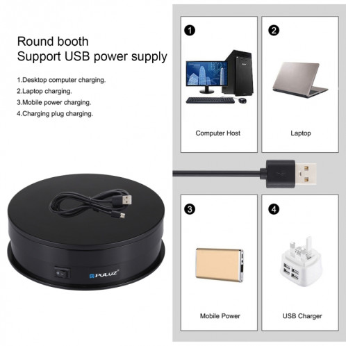 PULUZ 15CM USB SUPPORT DE PLATEUR DE TOURNETTABLE DE TAPIDE DE TAPITIQUE VÉHICULE DE TRANSPORT DE TRAVAILLAGE Tournage pour la photographie, charge 1-5kg (noir) SP048B807-010