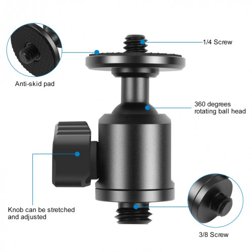 Adaptateur de tête de boule de trépied métallique à vis extérieure de 3/8 pouce Puluz avec serrure de bouton (noir) SP089B1609-06