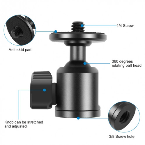 Adaptateur à tête de boule de trépied métallique à vis intérieure de puluz 3/8 pouce avec serrure de bouton (noir) SP091B1466-07