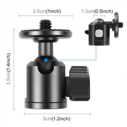 Adaptateur à tête de boule de trépied métallique à vis intérieure Puluz 1/4 pouce avec serrure de knob (noir) SP092B1482-07