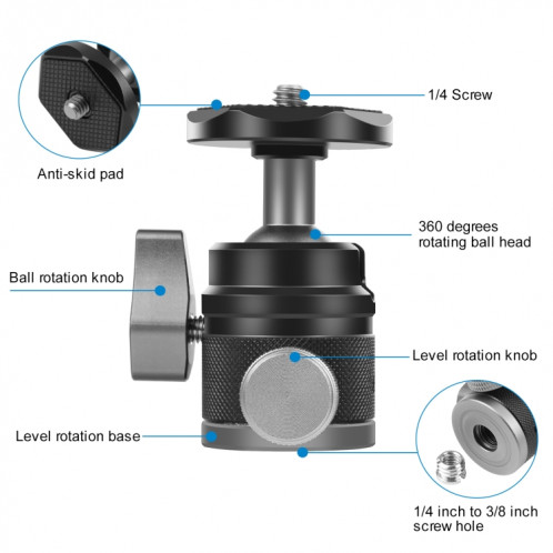 Adaptateur de tête de boule en alliage en alliage d'aluminium PULUZ 360 PANORAMA AVEC LOCK (Noir) SP093B356-06