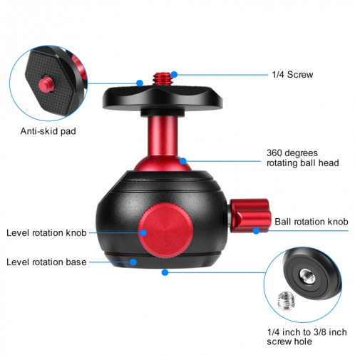 Adaptateur de rotule pour trépied métallique panoramique PULUZ à 360 degrés (rouge) SP104R1235-07