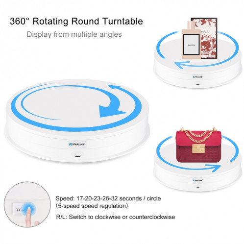 Puluz 30cm de réglage de la vitesse de réglage de la vitesse de plateau tournable en rotation, chargez 10-15 kg, bougie de l'UE (blanc) SP131W446-09