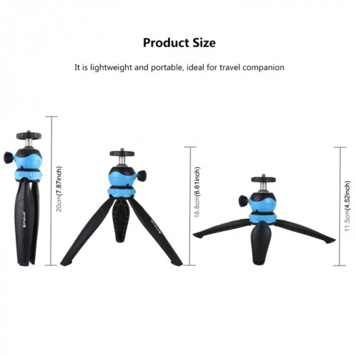 PULUZ Support de trépied en plastique de poche de 20 cm avec rotule à 360 degrés pour smartphones, GoPro, appareils photo reflex numériques (bleu) SP537L320-09