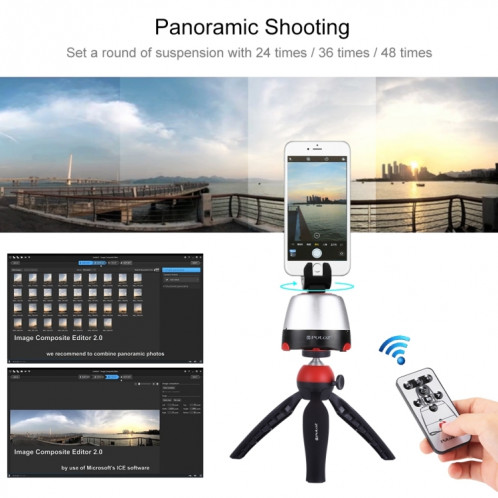 Tête panoramique PULUZ Electronic à rotation à 360 degrés + support de trépied + pince GoPro + pince de téléphone avec télécommande pour téléphones intelligents, GoPro, appareils photo DSLR (rouge) SP362R1861-021