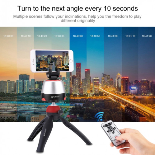 Tête panoramique PULUZ Electronic à rotation à 360 degrés + support de trépied + pince GoPro + pince de téléphone avec télécommande pour téléphones intelligents, GoPro, appareils photo DSLR (rouge) SP362R1861-021