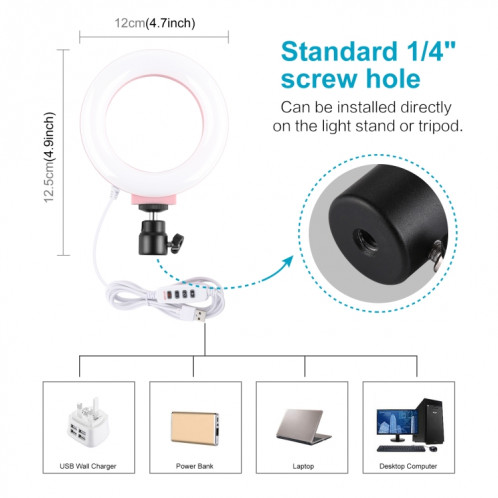 Puluz 4.7 pouces 12cm USB 3 modes Dimmable Bague LED Selfie Beauty Vlogging Photographie Photographie Vidéo avec tête de boule de trépied (rose) SP377F1871-013