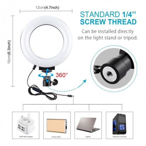 Puluz 4.7 pouces 12cm USB 3 modes Dimmable Bague LED Selfie Beauté Vlogging Photographie Vidéo lumières avec tête de boule de trépied (noir) SPU377957-014
