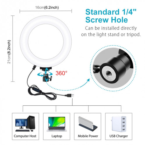 PULUZ 6.2 pouces 16cm USB 3 modes Dimmable LED Anneau Vlogging Photographie Vidéo Lumières avec Trépied Rotule (Noir) SPU3781681-012