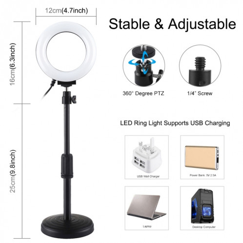Support de bureau à base ronde PULUZ + 4,7 pouces 12cm 3 modes de lumière vidéo USB annulaire à LED USB dimmable, réglable en hauteur, hauteur réglable: 18cm-28cm SPU391808-014
