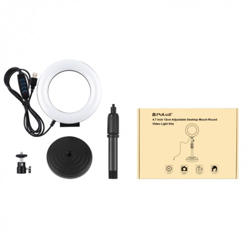Support de bureau à base ronde PULUZ + 4,7 pouces 12cm 3 modes de lumière vidéo USB annulaire à LED USB dimmable, réglable en hauteur, hauteur réglable: 18cm-28cm SPU391808-014