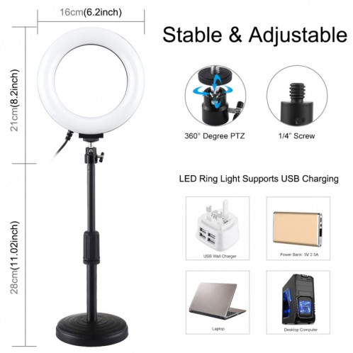 Support de bureau à base ronde PULUZ + 6,2 pouces 3 modes USB Dimmable Anneau LED Vlogging Video Light, hauteur réglable: 18cm-28cm SPU392398-013
