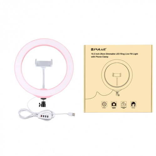 Puluz 10,2 pouces 26cm USB 3 modes Dimmable Bague de LED Vlogging Selfie Beauté Photographie Photographie Photographie Vidéo avec pile de têtes de boule de trépied (rose) SP397F569-013